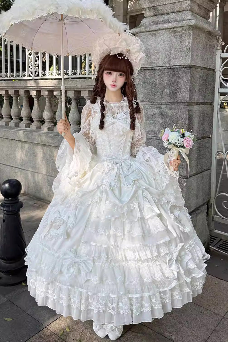 Ivory Curtain Ode Multi-Tier Ruffled Bridal Front Bow Lace-Up Long JSK