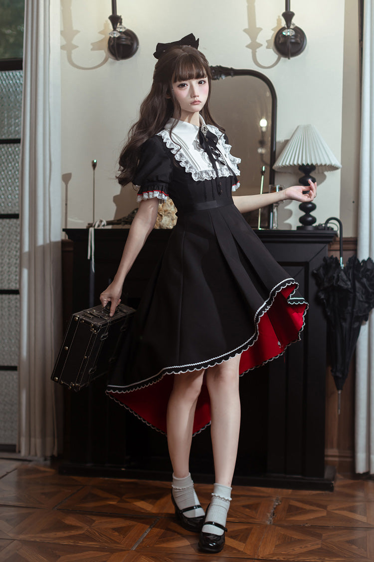 Rosalind Lapel Collar Short-Sleeve Bow Lace Gothic Maid Lolita Dress