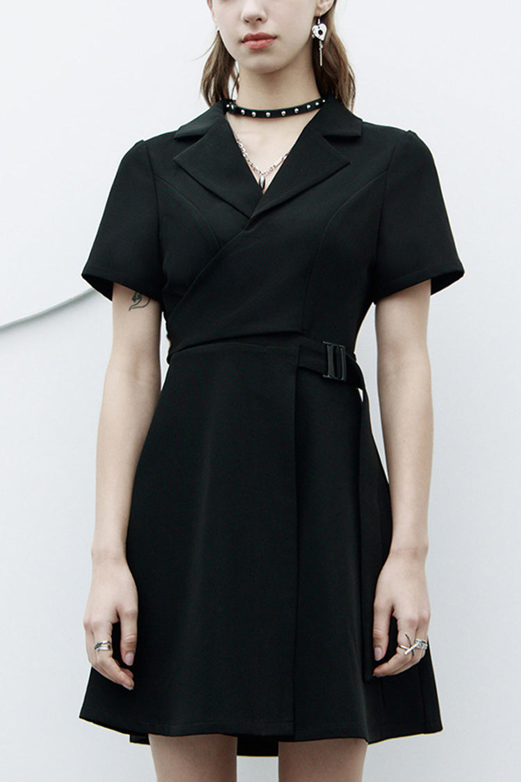 Lapel Metal Buckle Belt Collect Waist A-Shape Hem Punk Dress