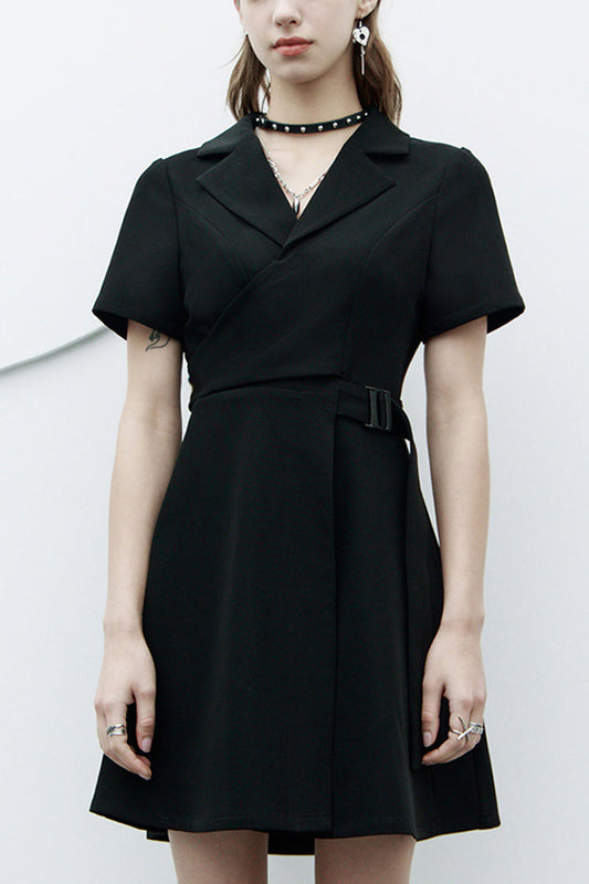 Lapel Metal Buckle Belt Collect Waist A-Shape Hem Punk Dress