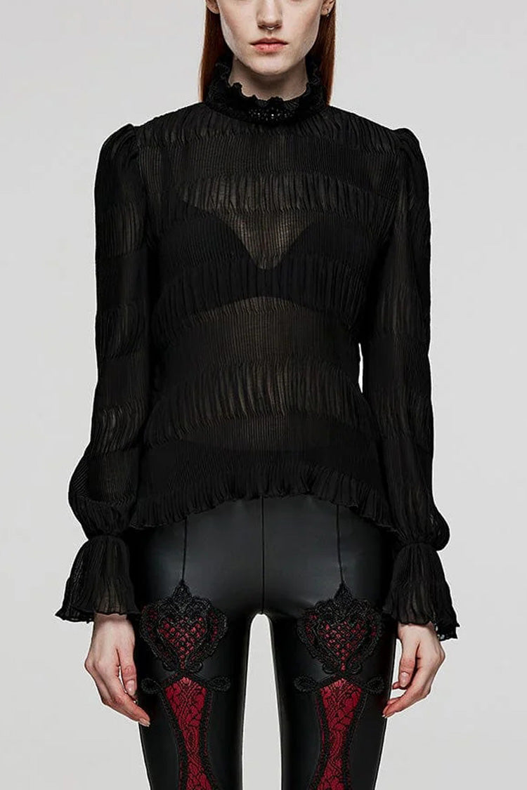 Jet-Black Gothic Blouse with Puffed Sleeves and Delicate Lace