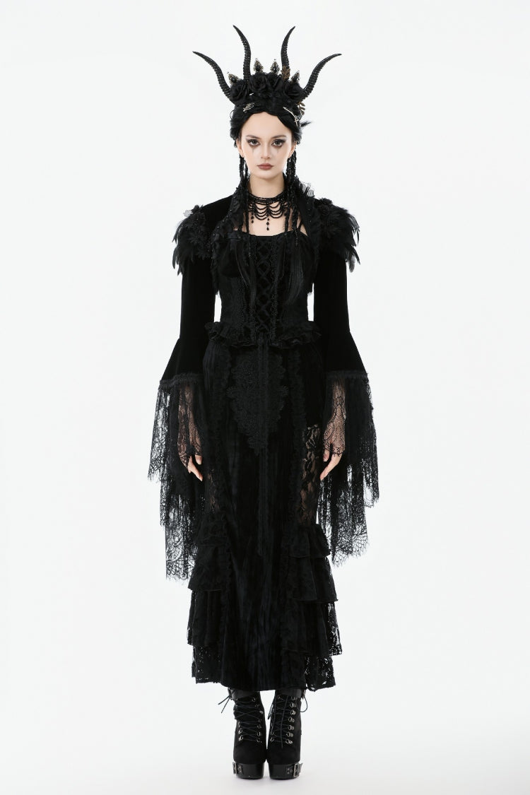 Spliced Velvet Long Flared Sleeve Floral Feather Gothic Cape for Women Lace