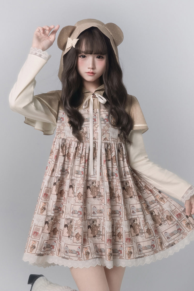 Bear Stamp Long Sleeve Printed Hooded Sweet Dress