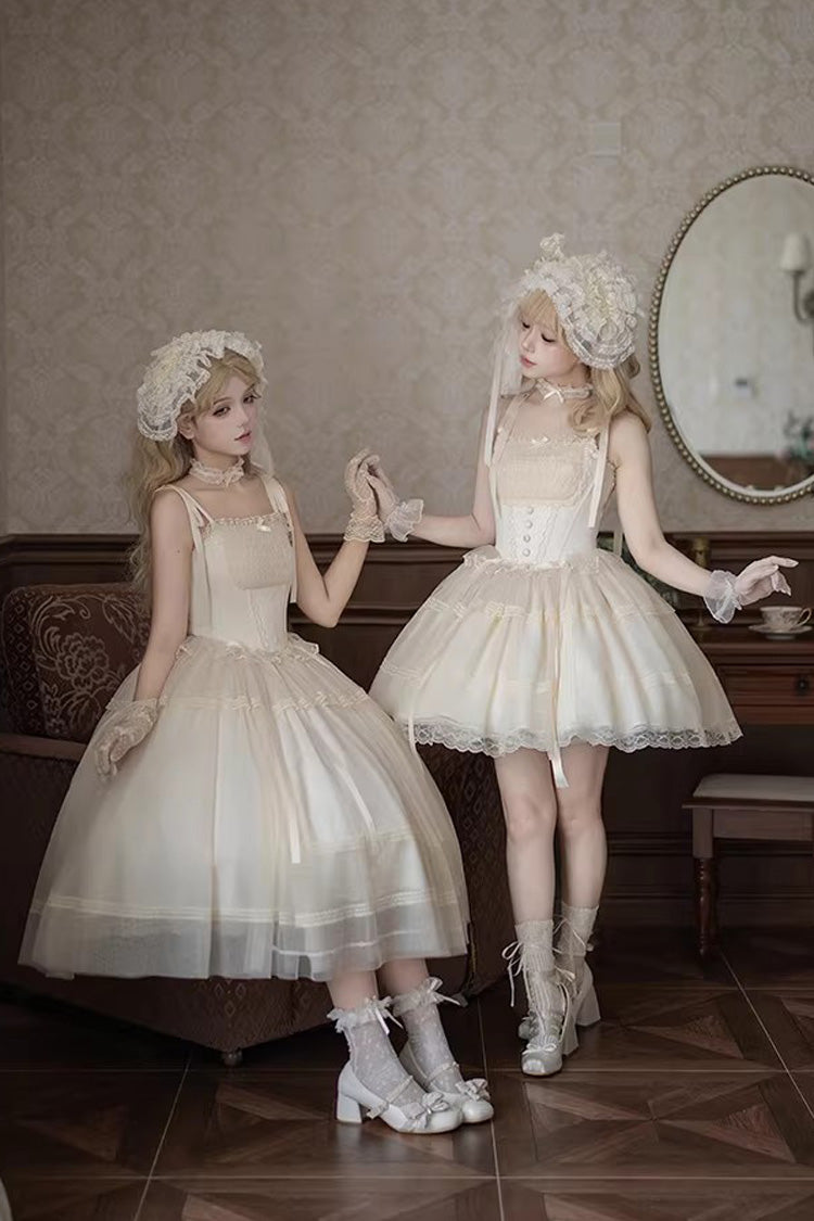 Cream Letters Poems Confession Square Collar Sleeveless Frilled Bow Lace Fishbone Sweet Lolita JSK Dress Two Variants