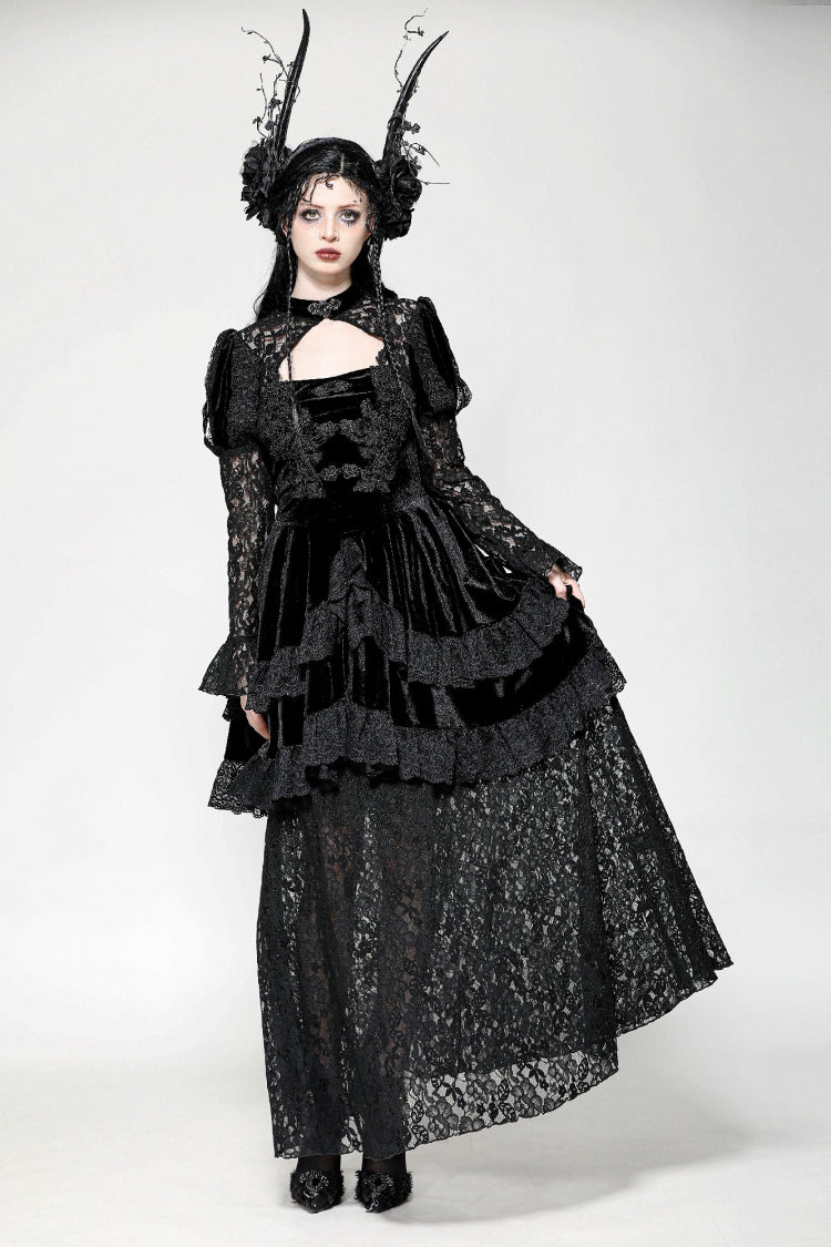 Jet-Black Gothic Evening Dress with Cutout Lace and Velvet Corset