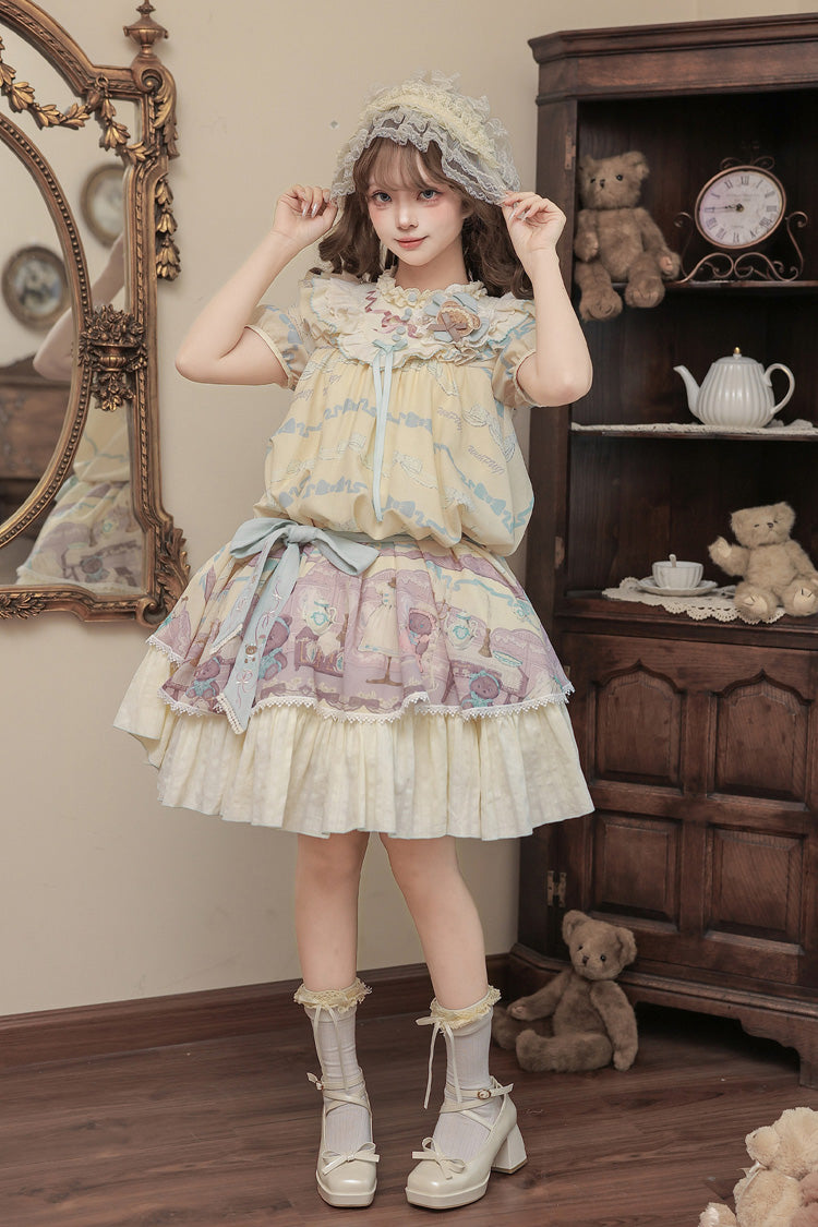 Brown Dollhouse Short Sleeves Bear Printed Ruffled Bow Sweet Lolita Dress Set - Yellow