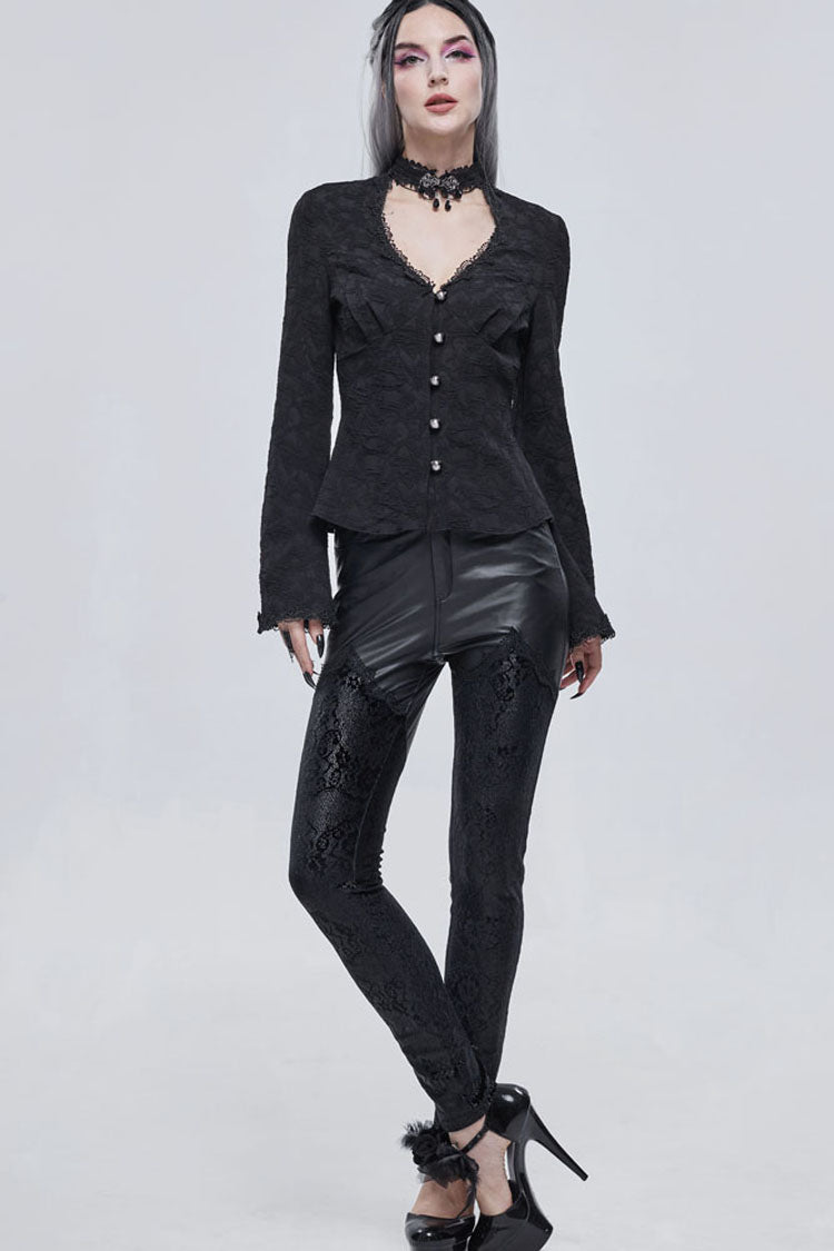 Gothic Shirt with V-Neck, Metal Buttons, Lace Jacquard, Frenulum Sleeves