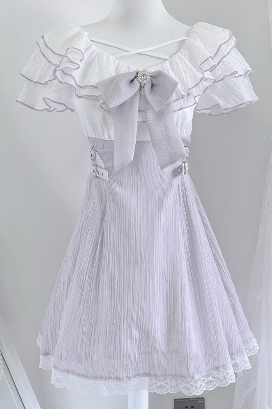 Purple Short Sleeve Ruffle Bow Lace Jirai Kei Dress