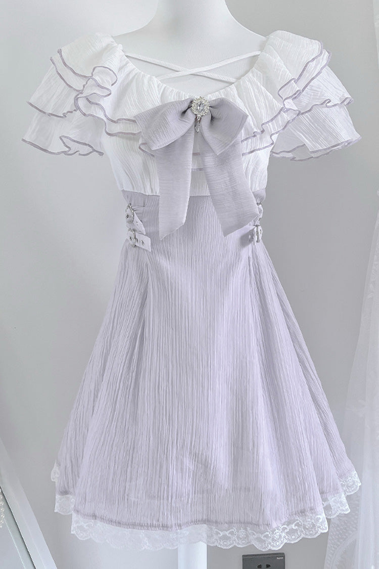 Mauve Ruffled Bow Lace Short-Sleeve Japanese Street Style Dress