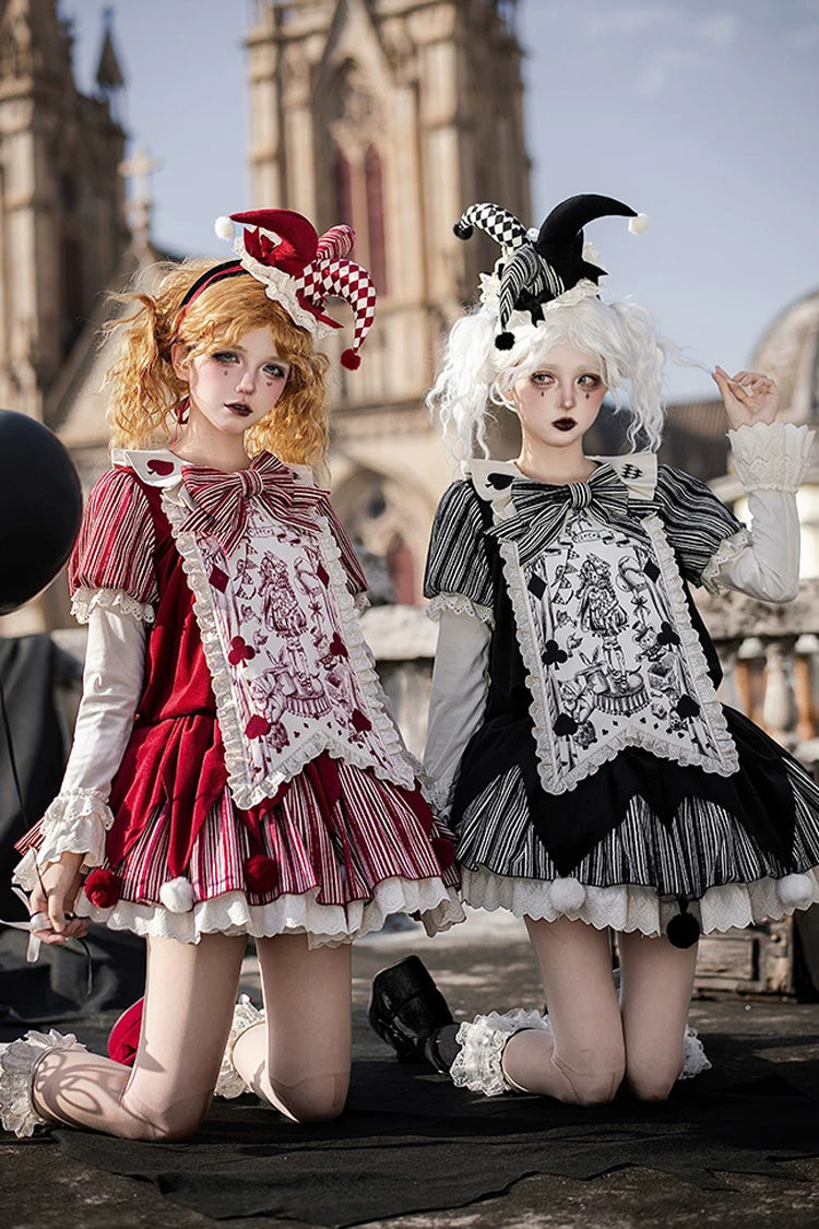 Gothic Lolita Dress Set with Ruffled Bow and Long Sleeves - Red