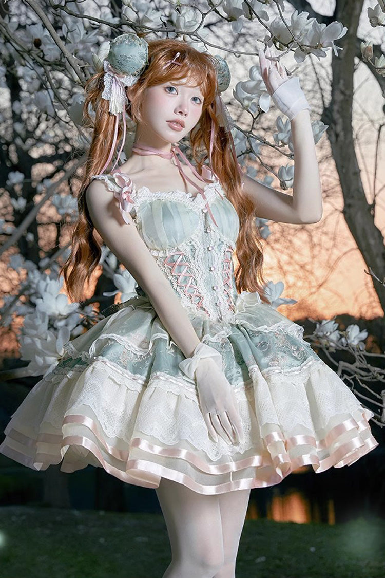 Green Multi-Layer Printed Elegant Lolita JSK Dress - Bowknot Ruffled
