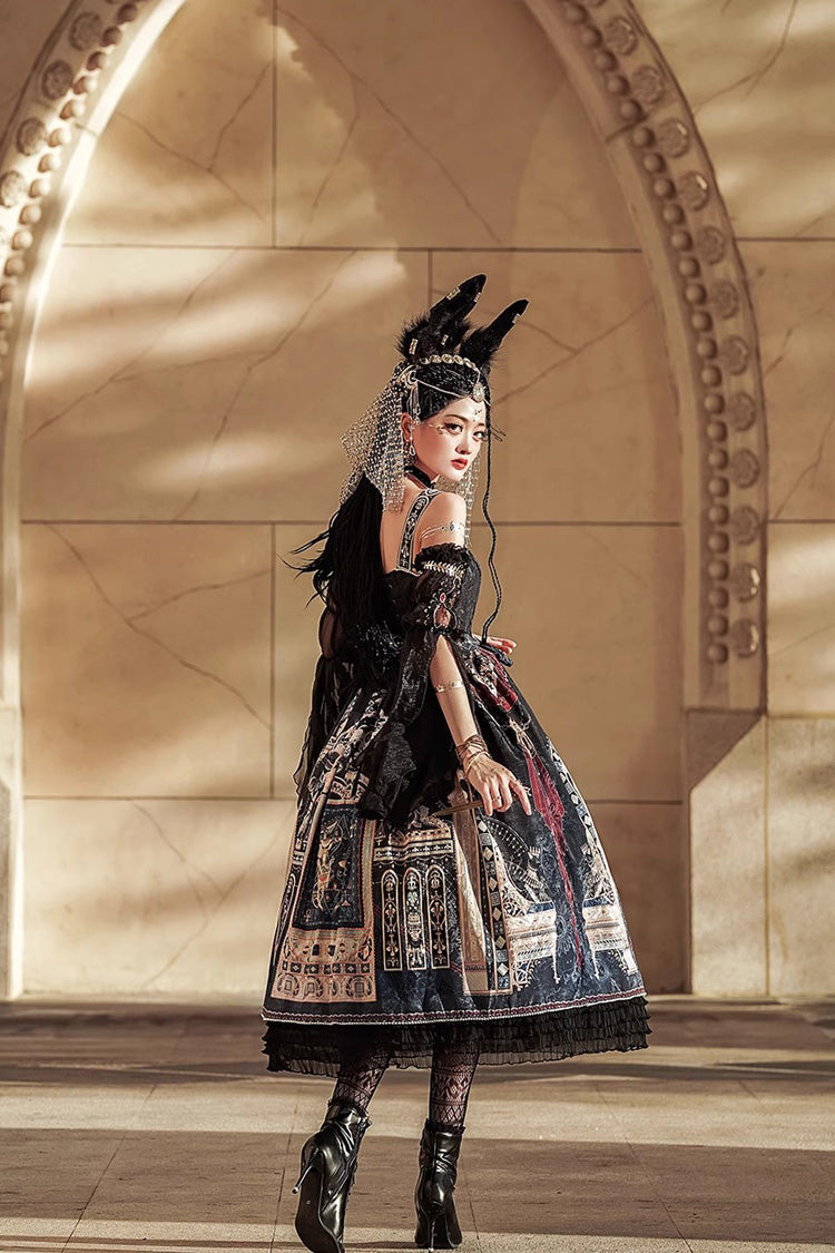 Gothic Lolita Dress with Egyptian Print, Ruffles, Dusk Style