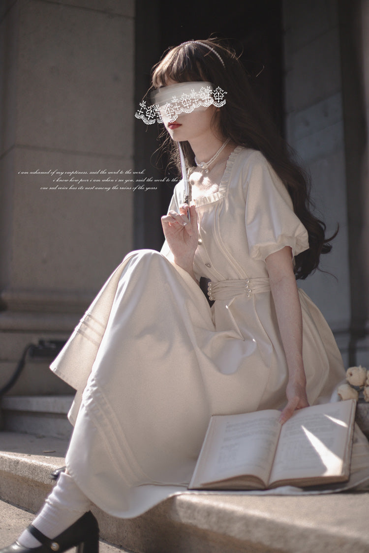 Apricot Classic Vintage Lolita Dress with Square Collar Short Sleeves and Ruffle Trim