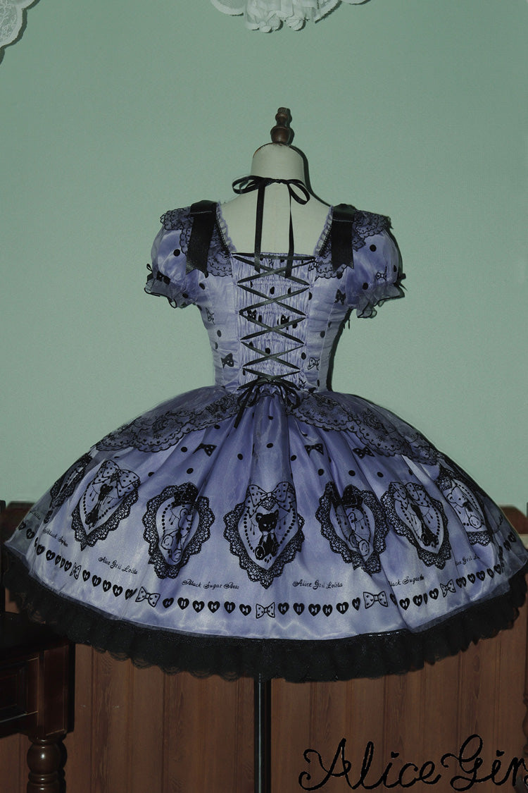 Purple Square Neck Short Sleeve Embroidered Bow Sweet Dress with Bow Train - Sugar Bear