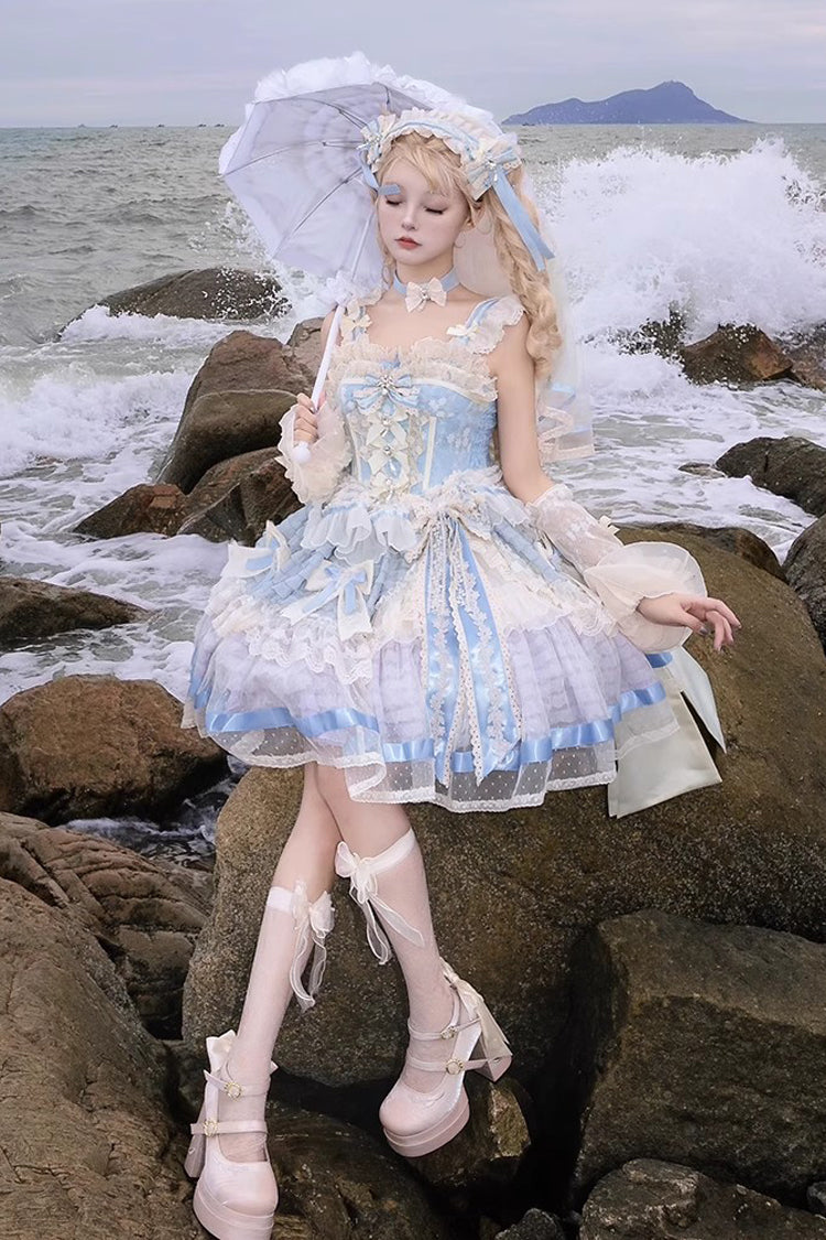 Moonstone Sleeveless Ruffle Embroidery Bow Lace Fishbone Princess Dress in Blue
