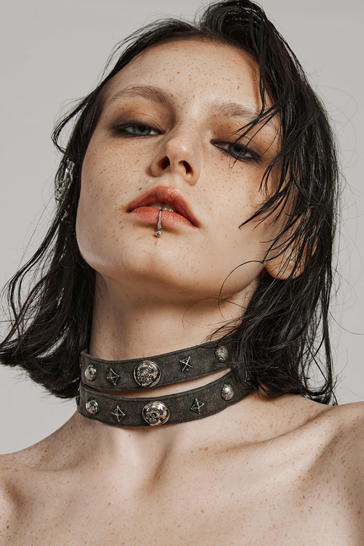 Skull Print Riveted Military Steampunk Choker