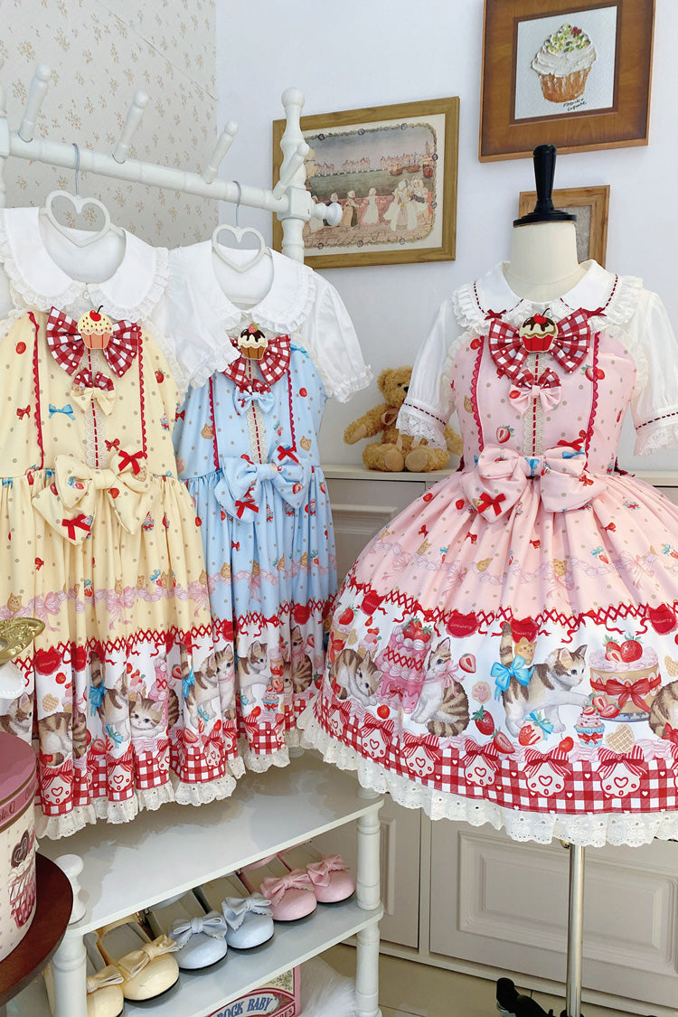 Sleeveless Bow Lace Sweet Lolita Strap Dress with Print - Strawberry Cake Kitty