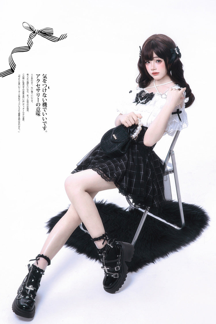 Plaid Bow Classic Jirai Kei Skirt Ensemble with Off-Shoulder Sleeves