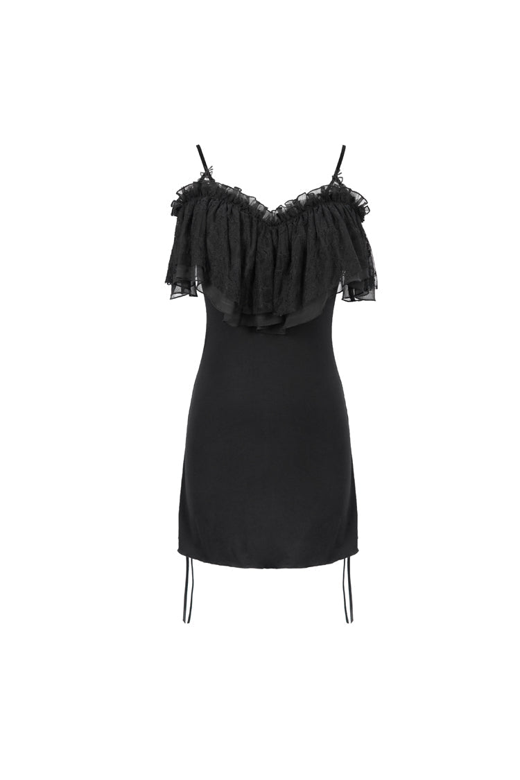 Off-Shoulder Chest Frilly Punk Tee for Women with Lace-Up Detail