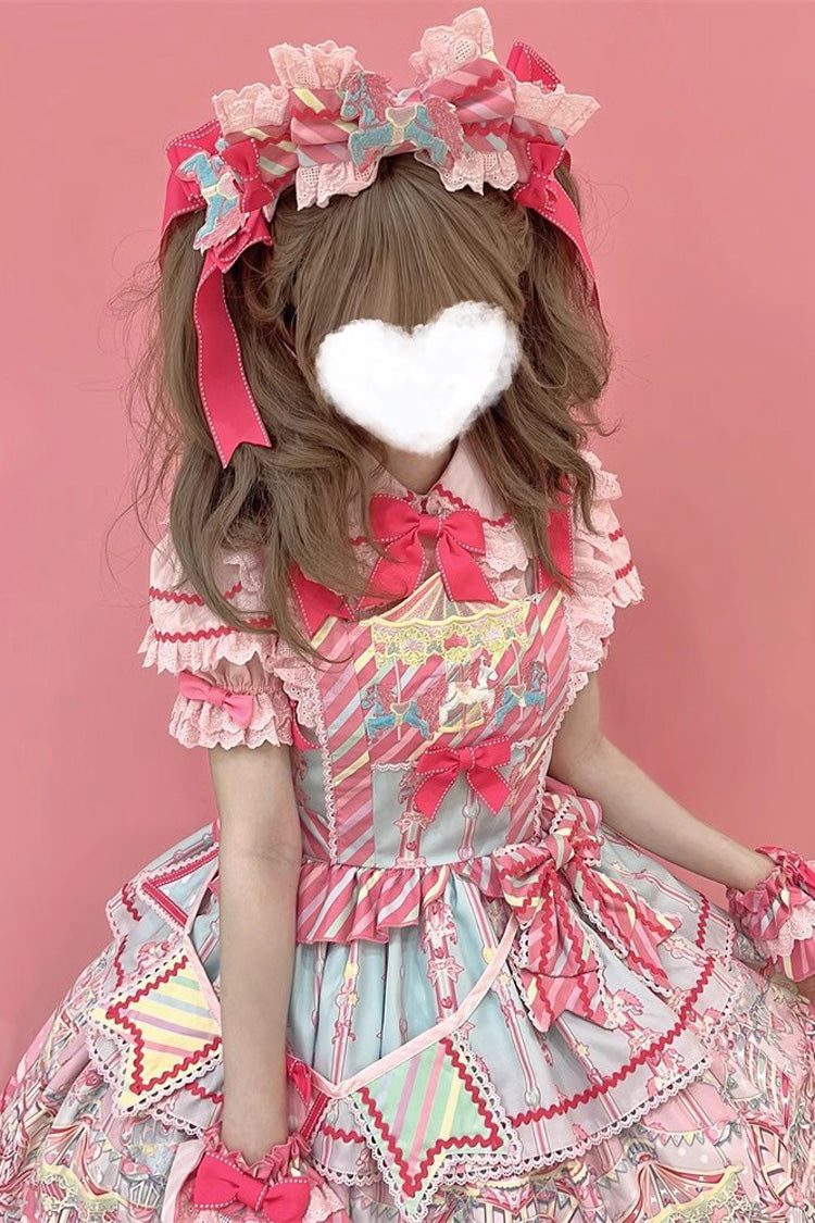 Blue Pink Sweet Lolita JSK Dress with Bowknot Ruffled Print - Candy Park