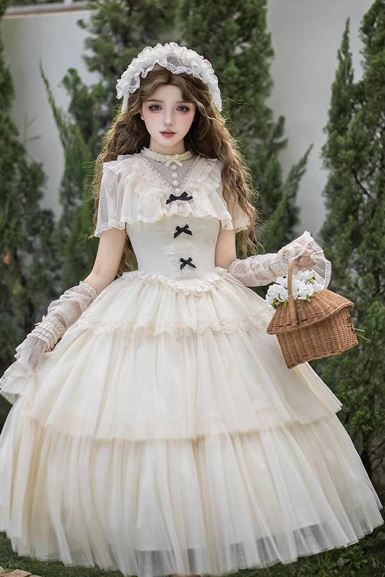 Elegant Sweet Lolita Dress with Edwardian Collar and Ruffled Bow - Ivory