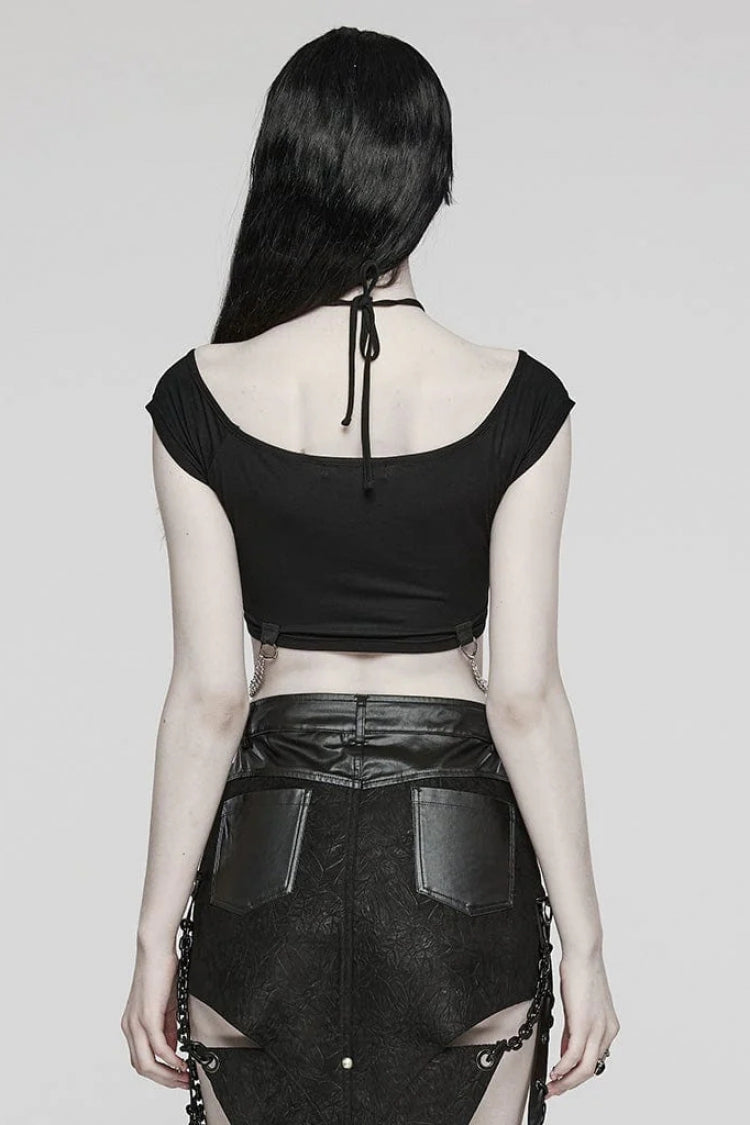 Halterneck Steampunk Tee with Metal Chain Accents for Women