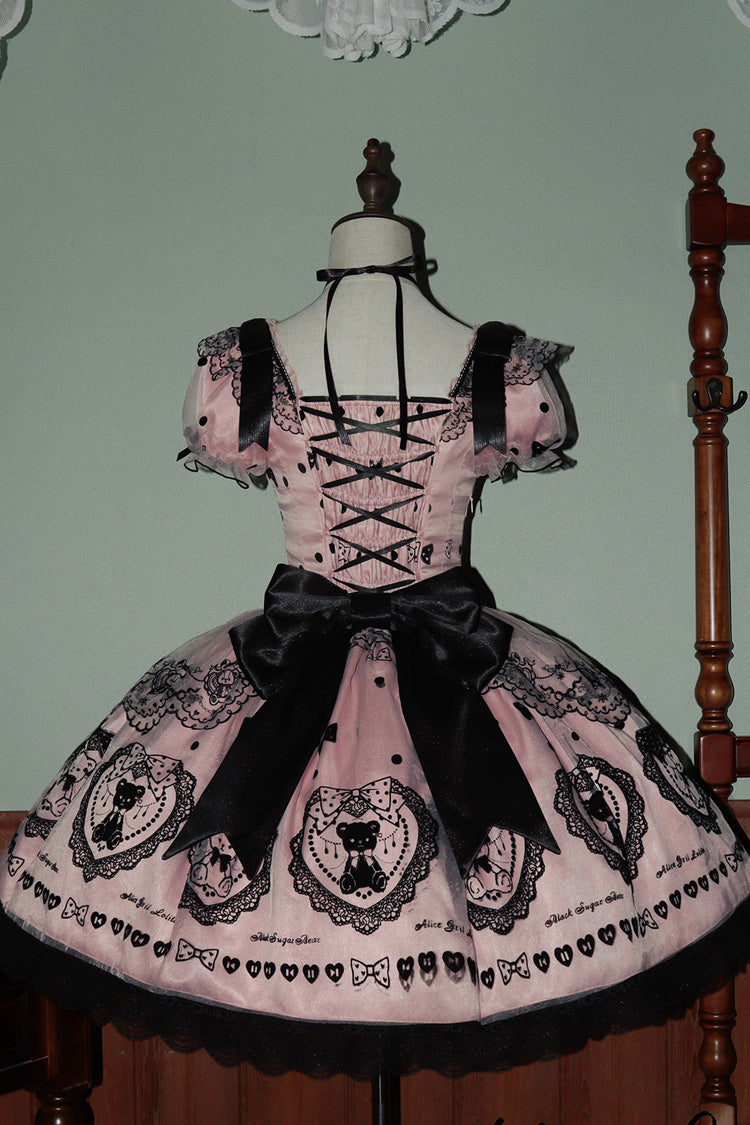 Pink Square Neck Short Sleeve Embroidered Bow Sweet Dress with Bow Train - Sugar Bear