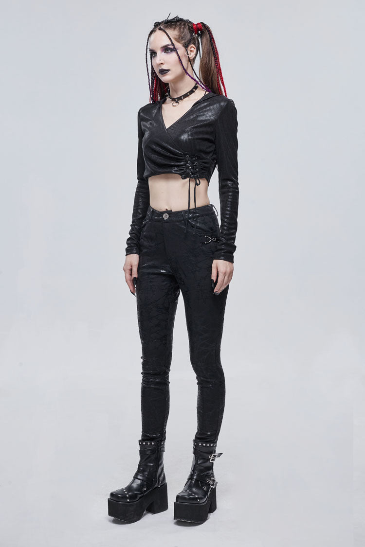 Punk Tee with Rope Details and Vertical Texture for Women