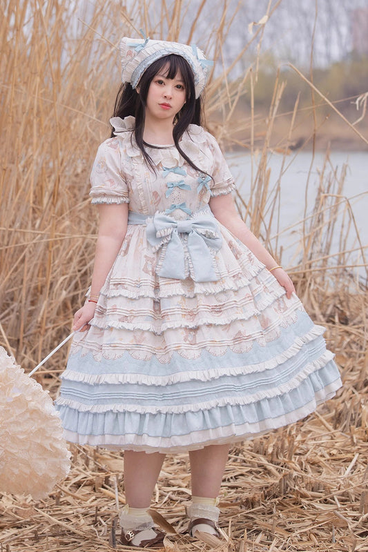 Harvest Bear Print Multi-Layered Ruffle Bowknot Sweet Plus Size Blue Apricot Dress - Harvest Bear