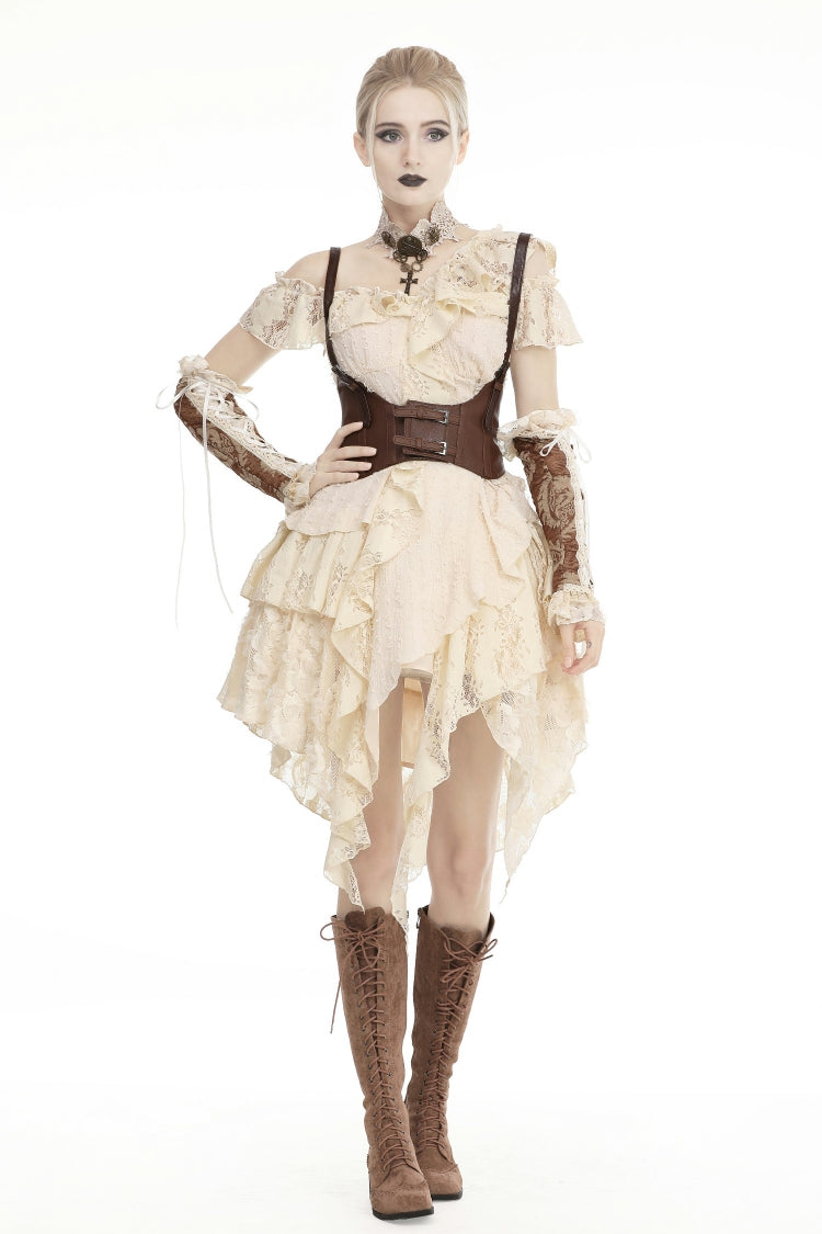 Beige Irregular Multi-Layer Ruffled Lace Steampunk Vintage Dress