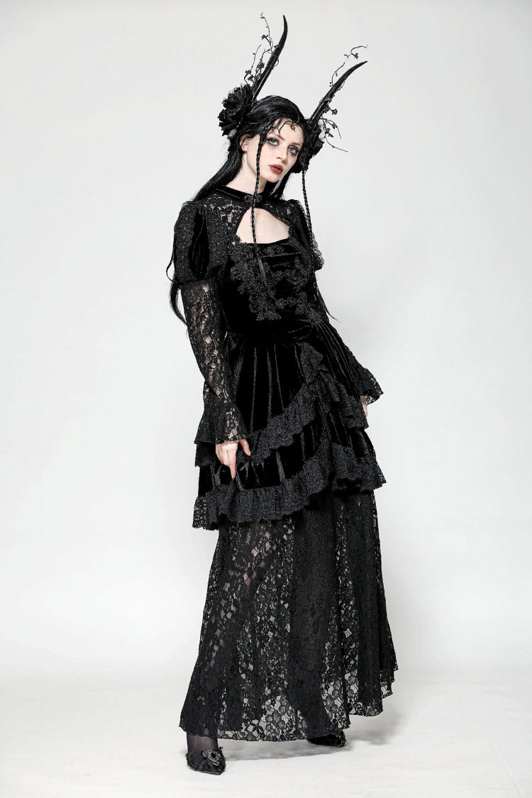Jet-Black Gothic Evening Dress with Cutout Lace and Velvet Corset