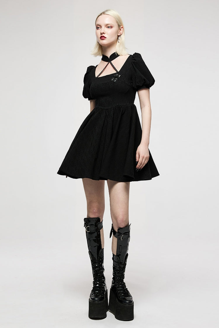 Vintage Black Jacquard Puff Sleeve Halter Punk Dress