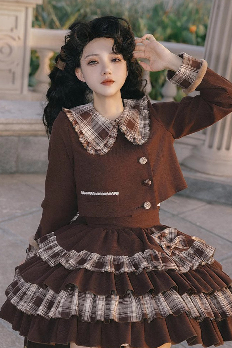 Chocolate Multi-Layer Bowknot College Autumn-Winter Princess Sweet Lolita Skirt Set