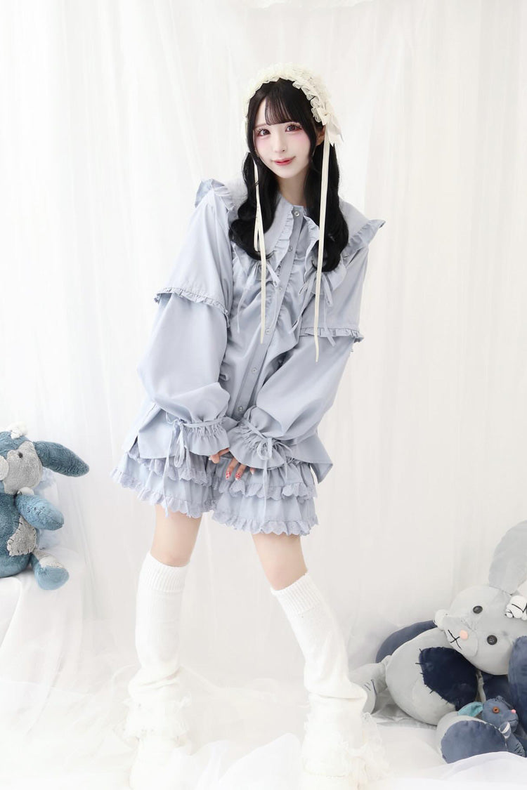 Japanese Blouse with Doll Collar, Long Sleeves, Ruffles, and Bow, 3 Colors