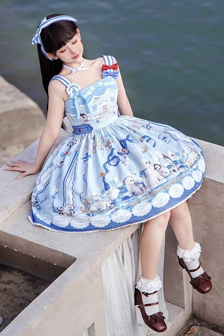Penguin Navy Print Ruffle Bow Princess JSK Dress in Blue