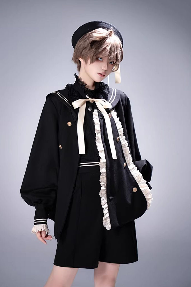 Navy-Collar Long-Sleeve Prince Ouji Short Coat Set in Black