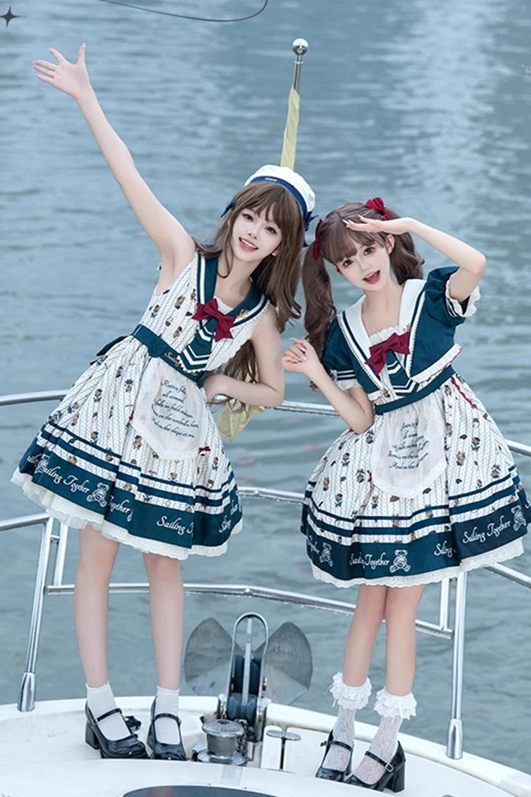 Bear Print Navy Ruffle Bow Princess JSK Dress in Blue White