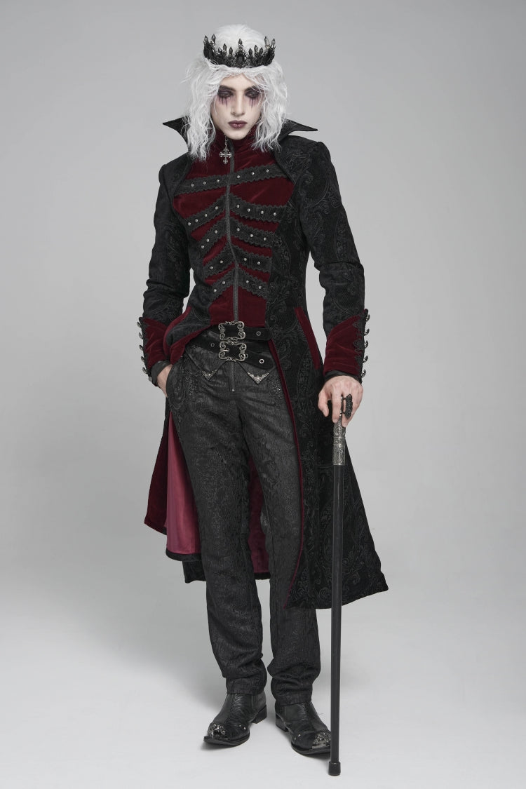 Noir & Red Crystal-Trimmed Printed Zip Gothic Overcoat