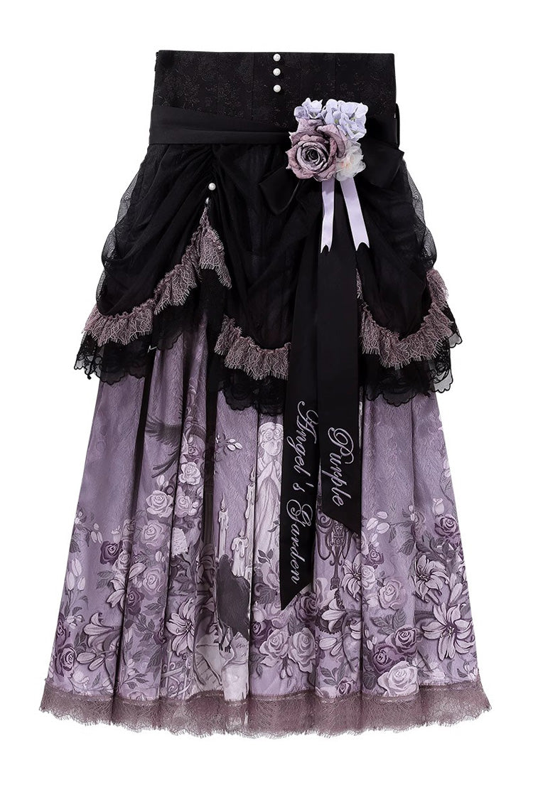 Angel Garden Black Purple Sleeveless Print Ruffle Bowknot Lace Sweet Gothic Skirt Set