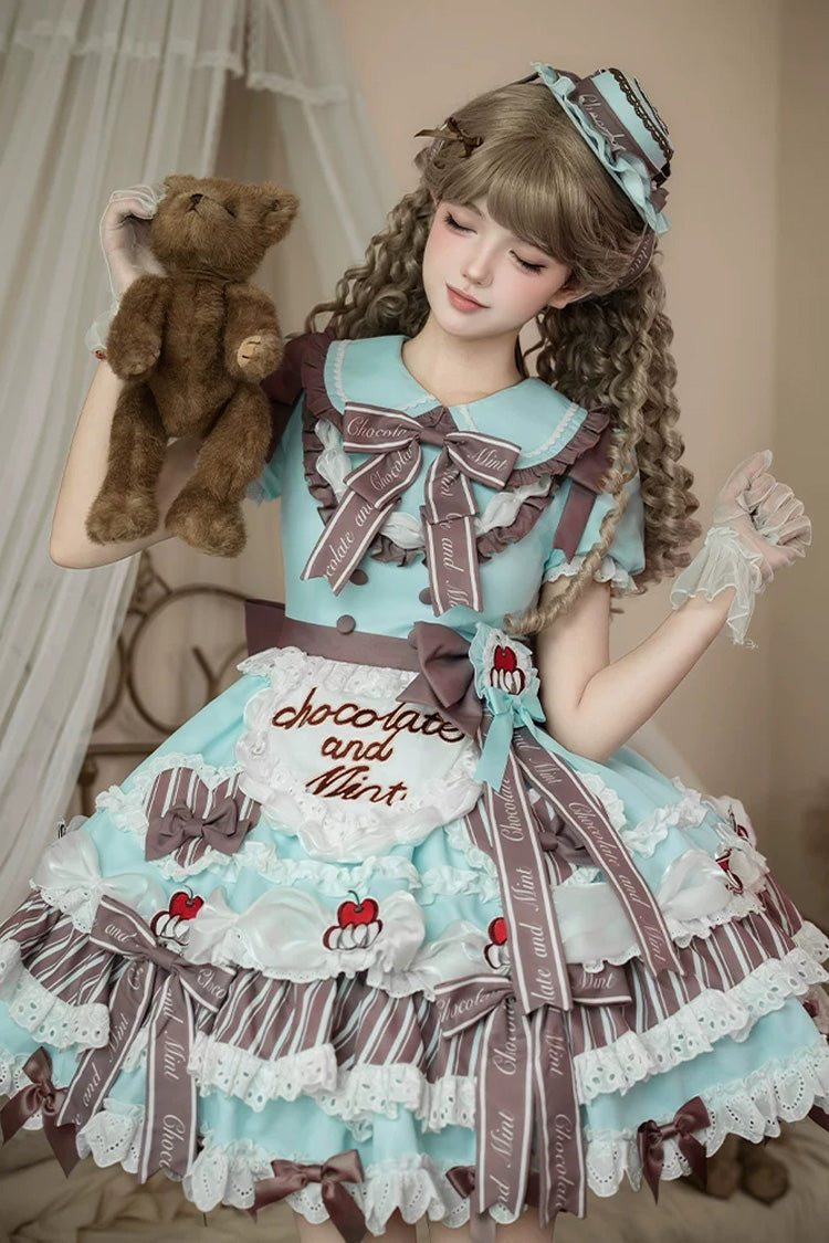 Cherry Mille-Feuille Lapel Collar Short Sleeve Printed Lace Sweet Dress