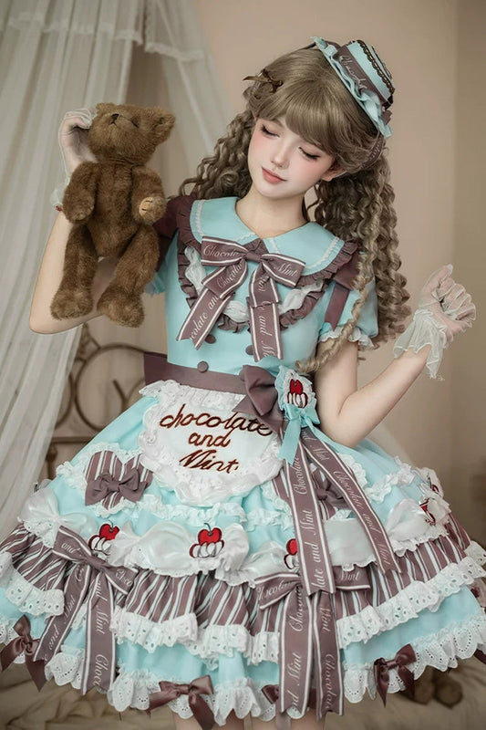 Cherry Mille-Feuille Lapel Collar Short Sleeve Printed Lace Sweet Dress