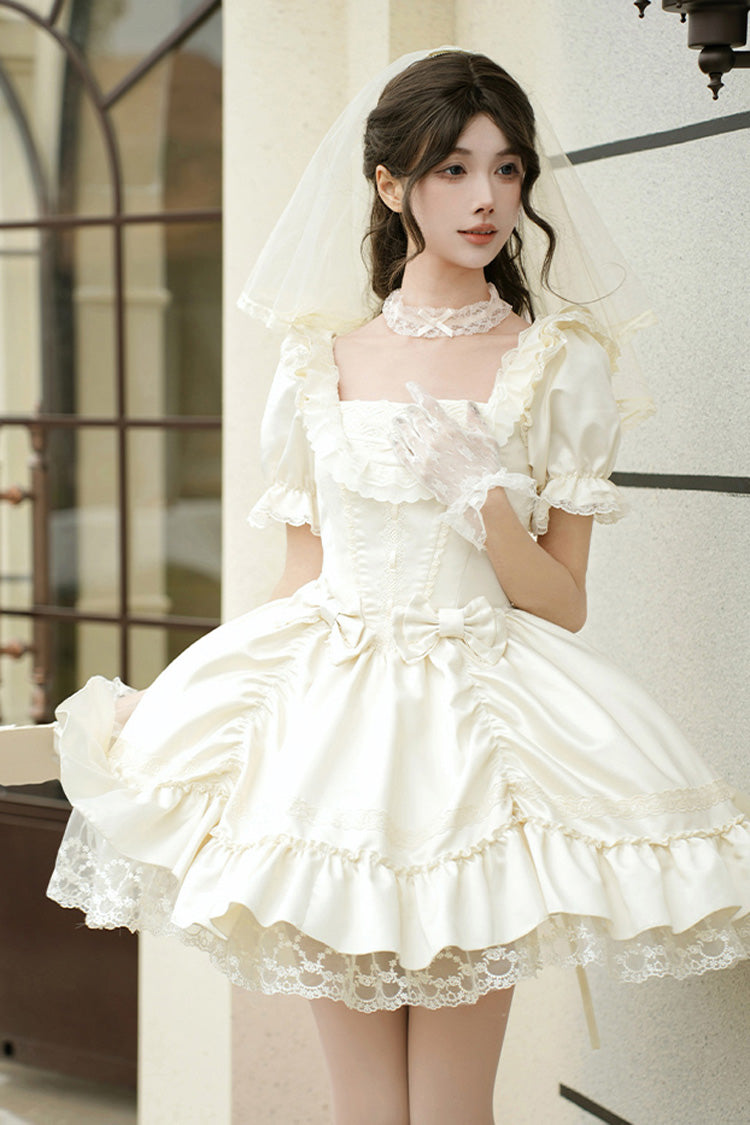 Ivory Square Neck Ruffle Bridal Bow Elegant Gown
