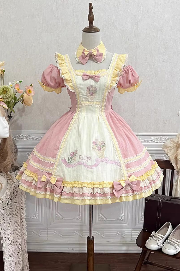 Pink Tulip Print Short-Sleeve Ruffle Bow Sweet Lolita Dress