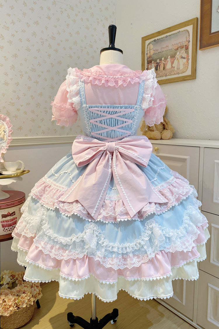 Blue Pink Fondant Cake Sleeveless Layered Ruffle Bow Lace Sweet Jsk Dress