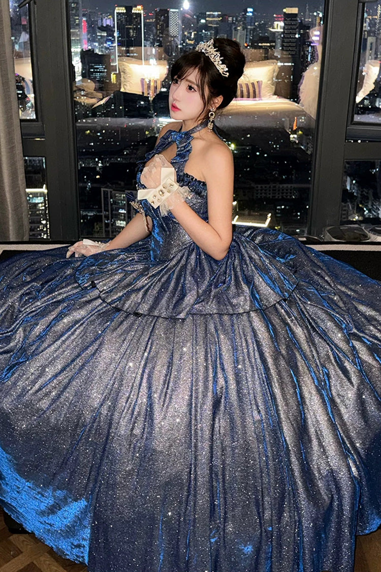 Sweet Lolita Skirt Set with Ruffled Cut-Out Bow and Glitter - Blue