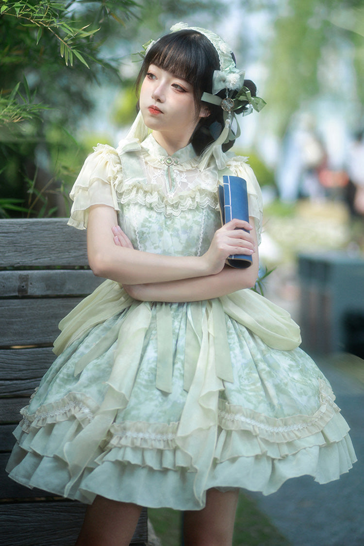 Jade Chiffon Double-Ruffle Bowknot Lace Chinese-Style Lolita Dress