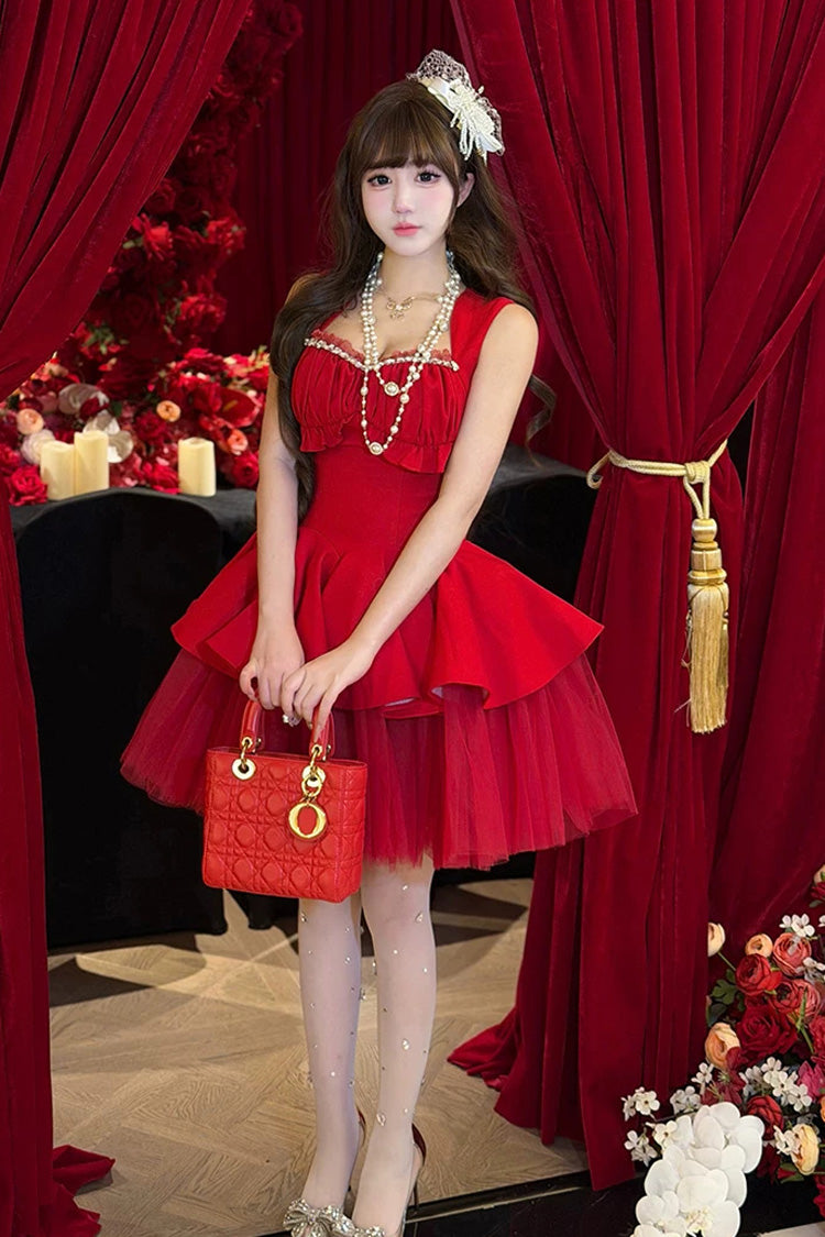 Square Collar Ballet Lolita Dress - Romantic Rose