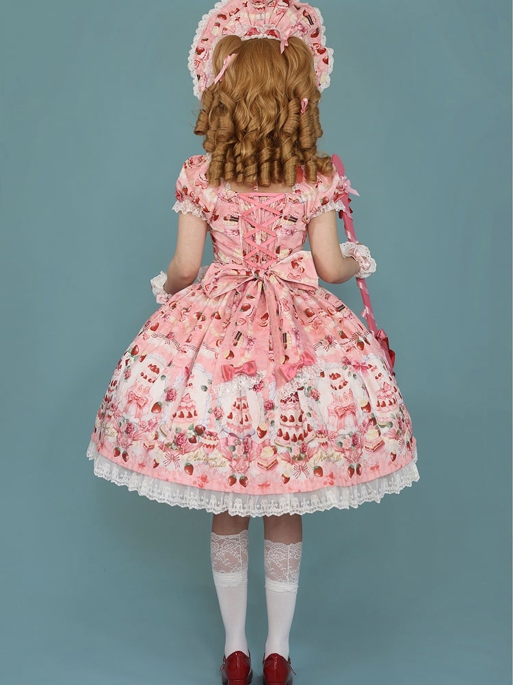 Bow Print Cake Set Sweet Strawberry / Pink Accents Full Lolita Dress