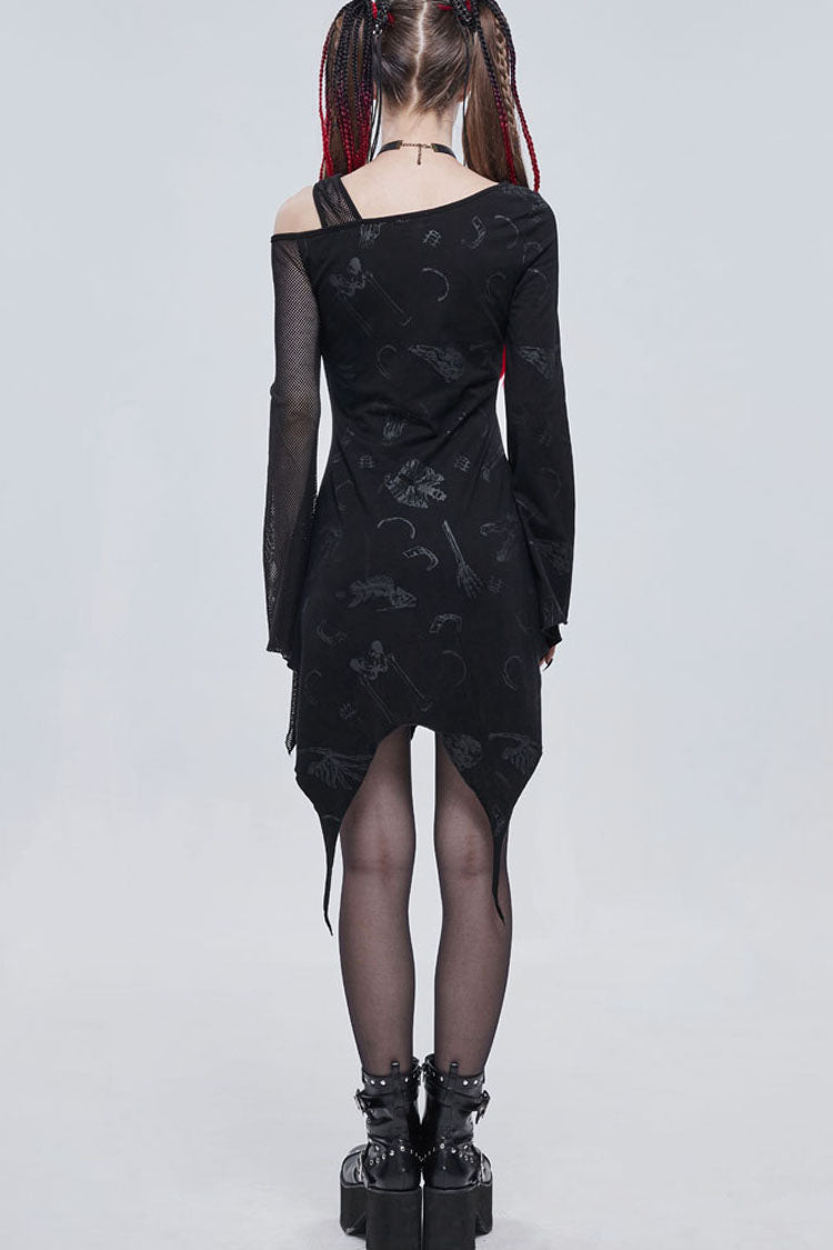 Off-Shoulder Graphic Print Asymmetric Mesh Gothic Dress