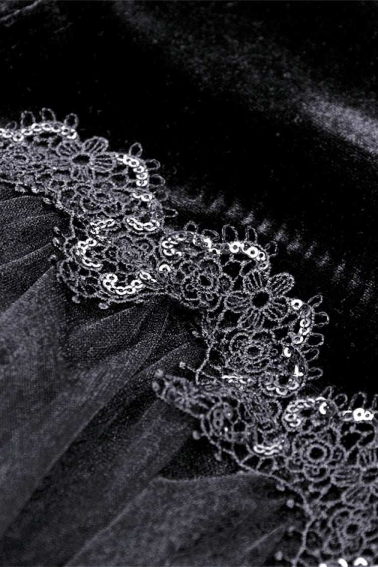 Ink Crewneck Long Puff-Sleeve Lace Hem High-Low Velvet Gothic Wedding Dress for Women